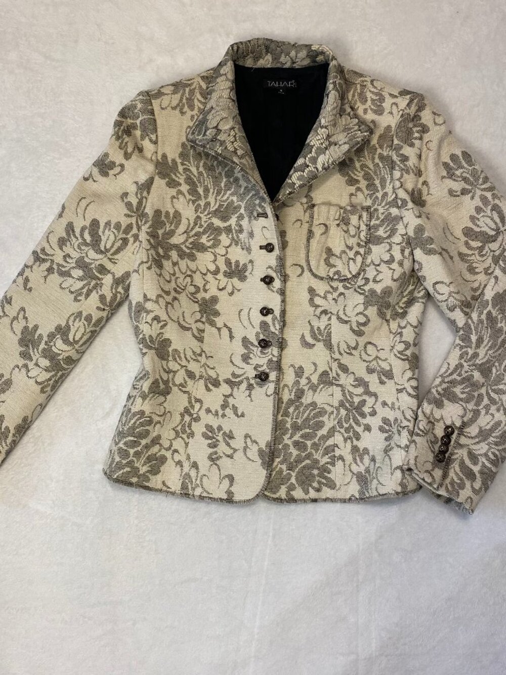 Vintage Tahari Floral White Blazer Button Front Long Sleeve Office Professional
